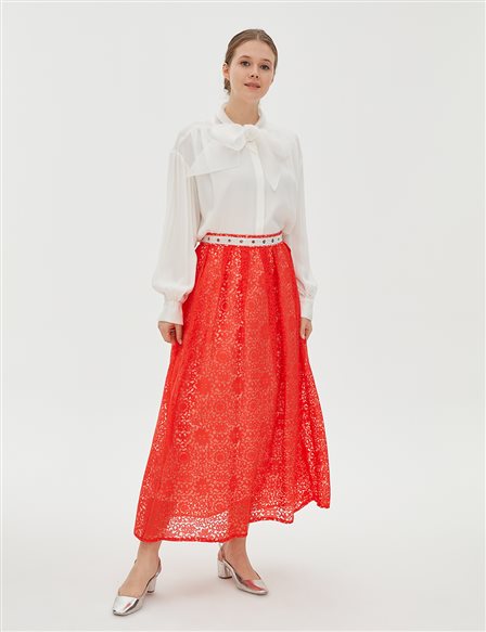 Pleated Lace Skirt B20 12080 Red