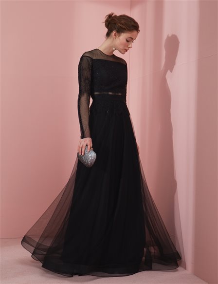 TIARA Organza Detailed Evening Gown B20 26132 Black