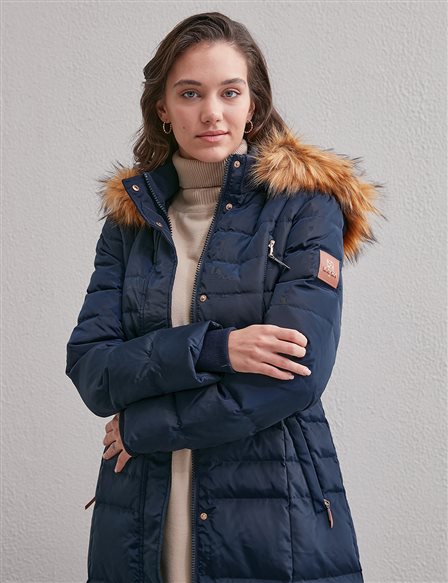  Square Quilted Long Goose Down Coat A20 27002 Navy