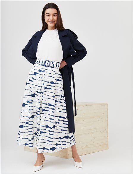 Abstract Pattern Wide Pleated Skirt B21 12002 Ecru-Navy