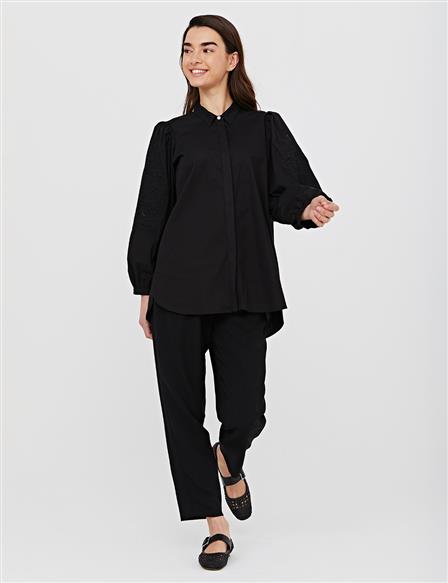 Collar and Sleeve Embroidered Shirt B21 11007 Black