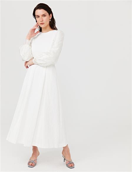 Wide Pleated Jacquard Dress B21 23141 White