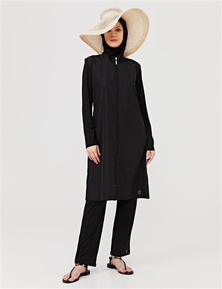 Zipper Closure Hijab Swimsuit Set B21 PLJ14 Black