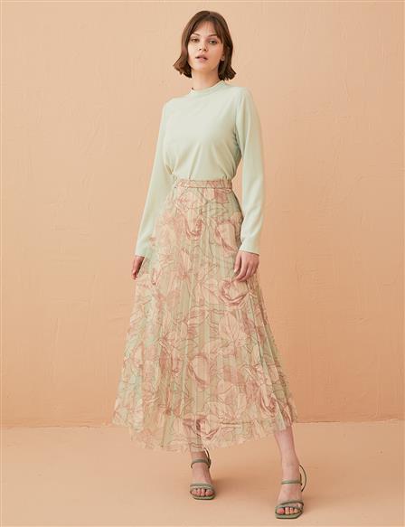 Floral Patterned Pleated Skirt B21 12017 Beige