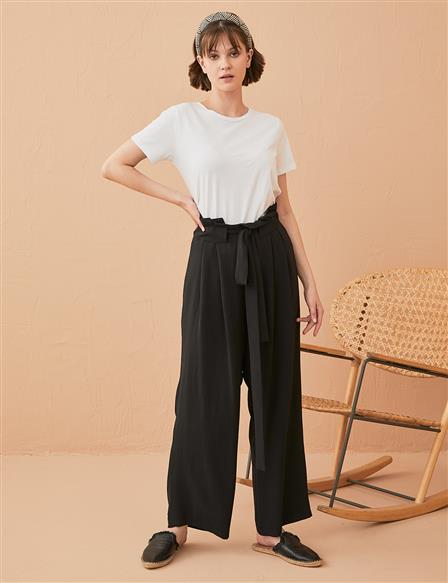 Belted Pleated Casual Fit Pants B21 19061 Black