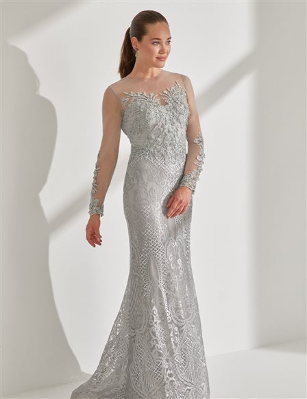 TIARA Organza Detailed Evening Gown B9 26048 Silver