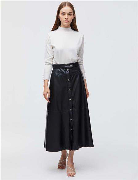 Front Buttoned High Waist Faux Leather Skirt A21 12027 Black