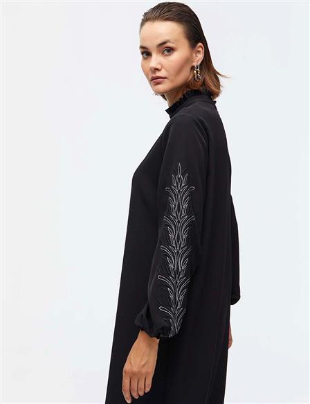 Frilly Grandad Collar Embroidered Tunic A21 21042 Black
