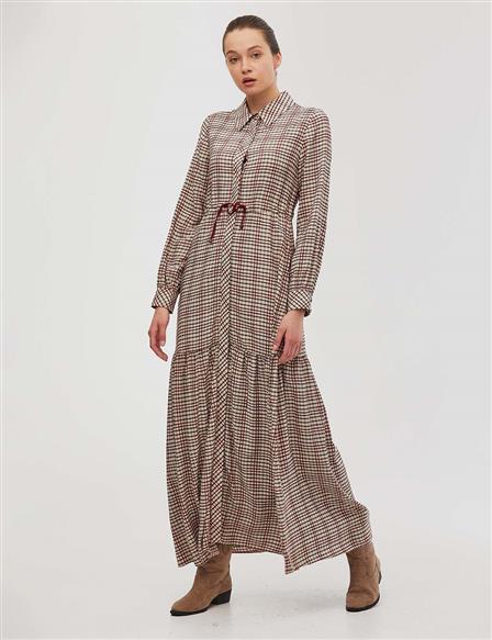 Checked Maxi Dress Claret Red-Beige