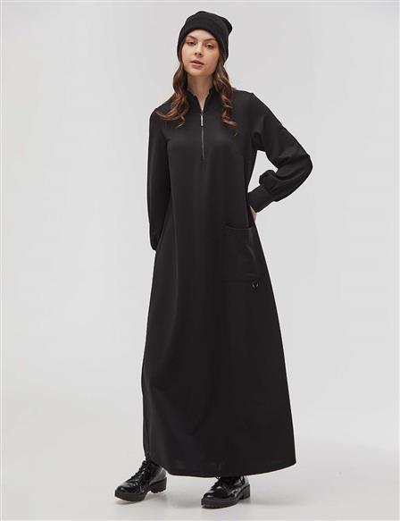 Half Zipper Full Length Dress Black