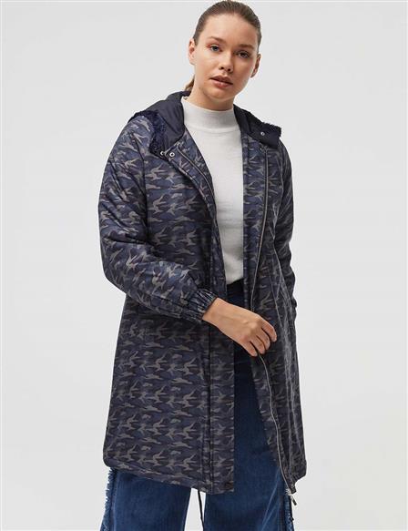 Camouflage Patterned Hooded Coat Khaki