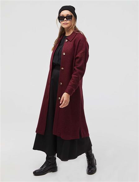 Buttoned Front Low Shoulder Trench Coat / Cap Claret Red