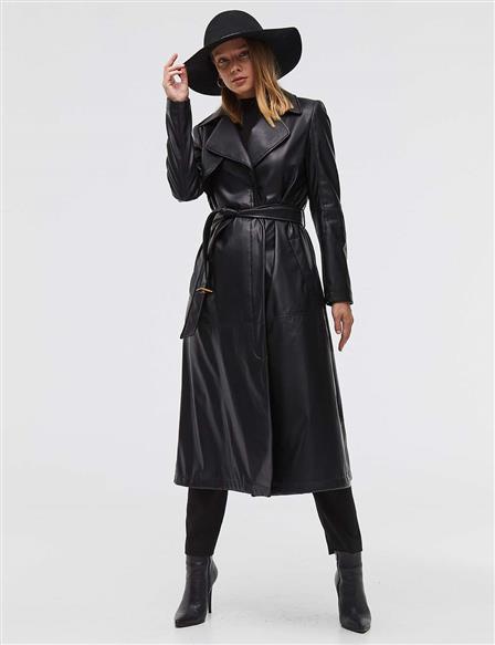 Belted Leather Trench Coat Black