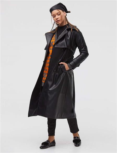 Belted Double Breasted Leather Trench Coat Black