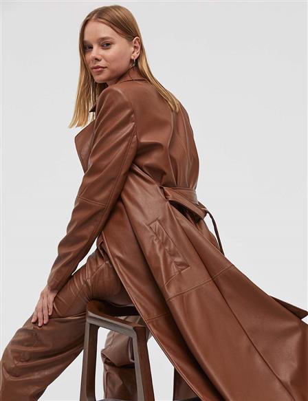 Belted Leather Trench Coat Camel