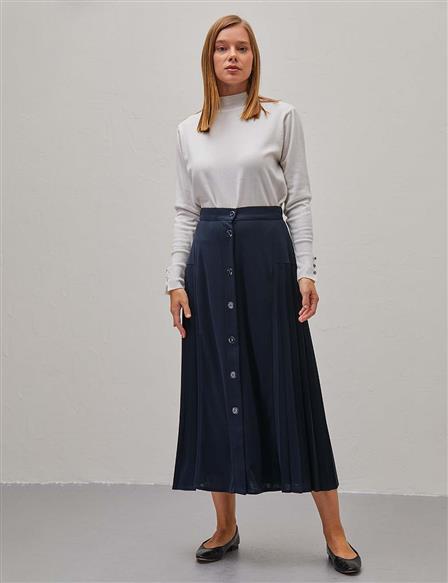 Side Pleated A-line Skirt Navy