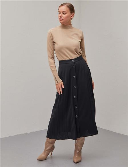 Side Pleated A-line Skirt Black