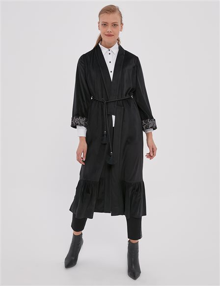 Embroidered Short Trench Coat Black