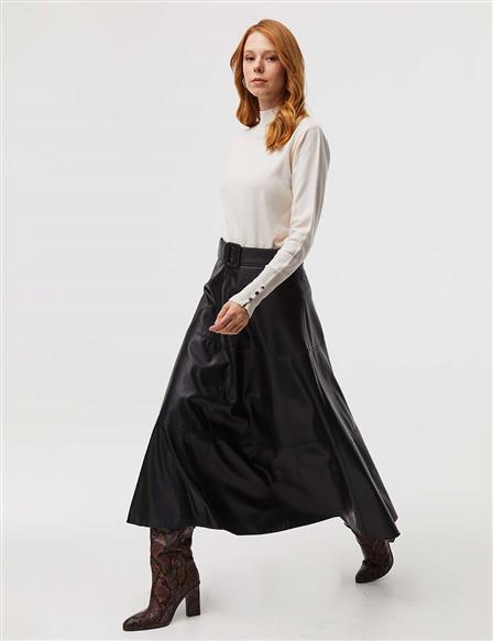 Belted Artificial Leather Skirt Black