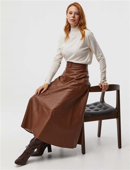 Belted Leather Skirt Camel