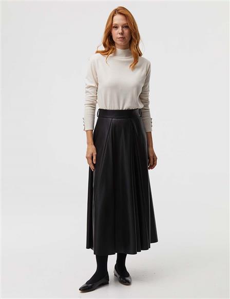 Wide Pleated Faux Leather Skirt Black