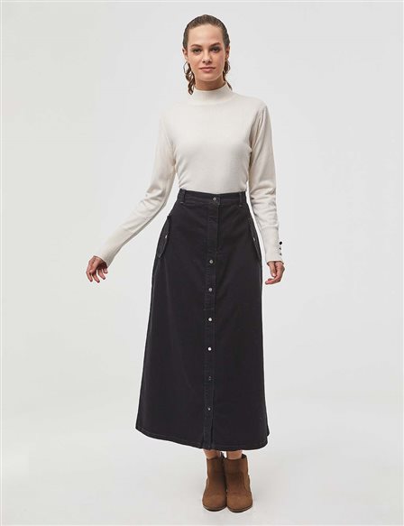 Front Buttoned Denim Skirt Black