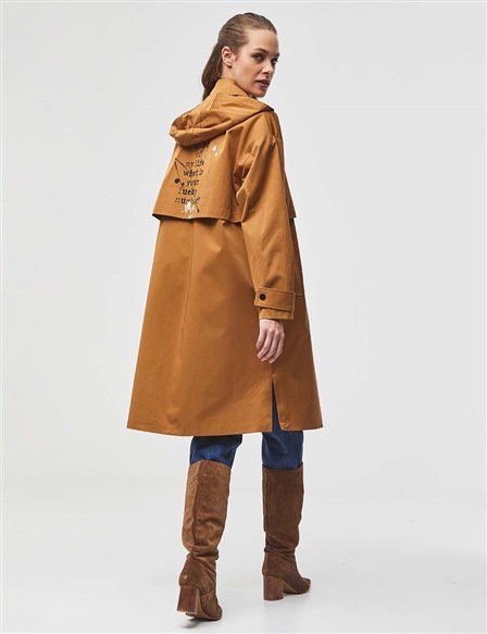 KYR Hooded Printed Short Trench Coat / Cap Camel