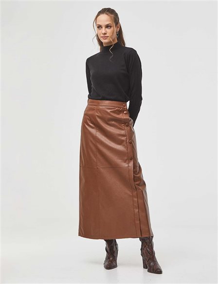 KYR Stitch Detail Faux Leather Skirt Camel