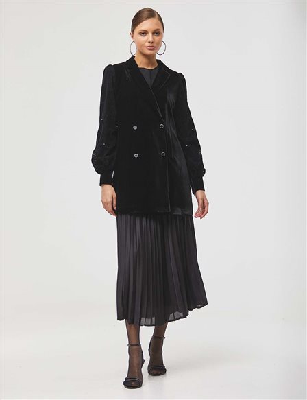 Velvet Jacket with Lace on the Sleeves Black