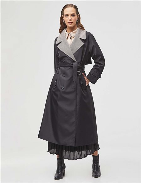 Layered Double Breasted Trench Coat / Cap Black