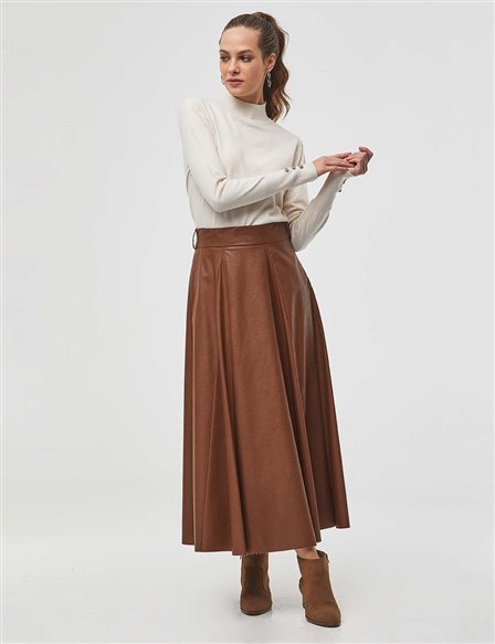 Wide Pleated Faux Leather Skirt Camel