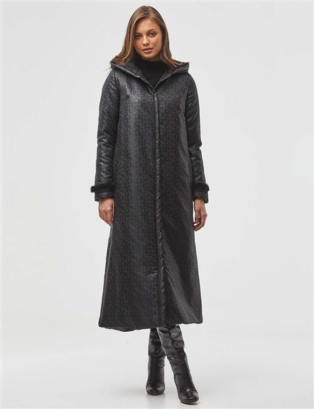 Textured Hooded Long Coat Black
