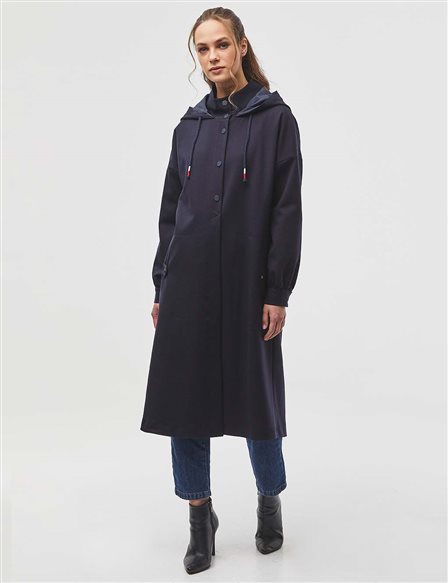 Snap Detailed Hooded Trench Coat Navy
