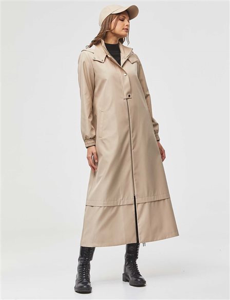 Hooded Layered Sports Trench Coat Stone