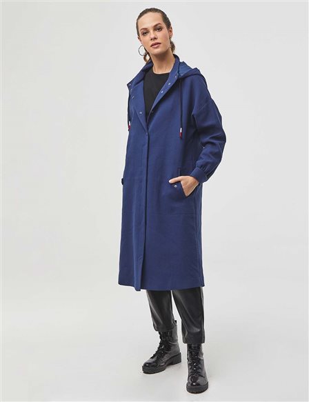 Snap Detailed Hooded Trench Coat Sax