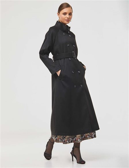 Belted Double Breasted Coat Black