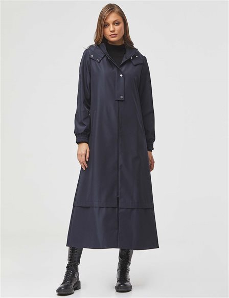 Hooded Layered Sports Trench Coat Navy