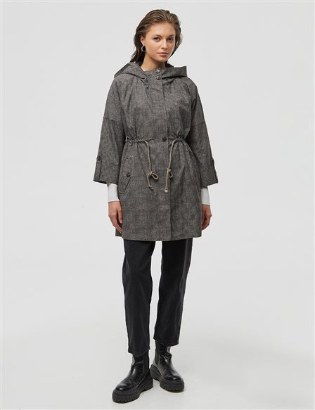 Houndstooth Patterned Short Trench Coat / Cap Grey