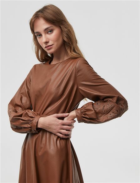 Embroidered Balloon Sleeve Faux Leather Dress Camel