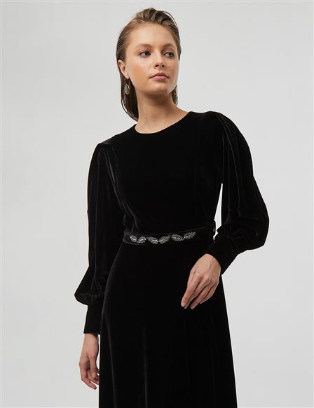 Embroidered Balloon Sleeve Velvet Maxi Dress Black