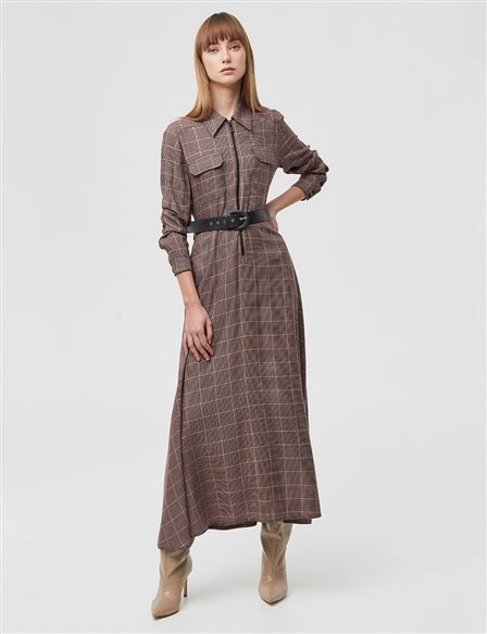 Houndstooth Patterned Check Maxi Dress Powder-Mustard