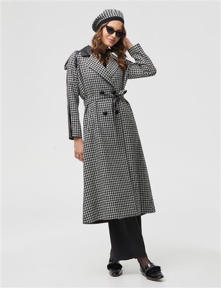 Houndstooth Patterned Double Breasted Collar Coat Black-White
