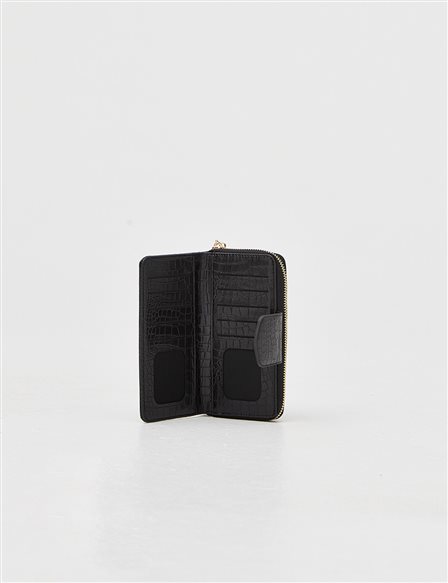 Croco Patterned Faux Leather Wallet Black