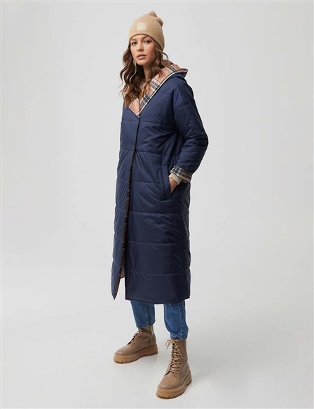 Quilted Long Coat Navy