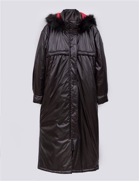 Fur Detailed Hooded Inflatable Trench Coat Black