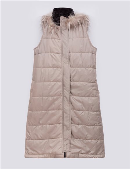Furry Hooded Inflatable Vest Stone