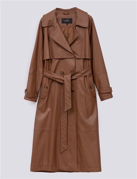Belted Double Breasted Leather Trench Coat Camel