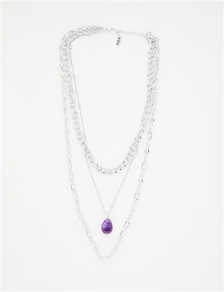 Stone Detailed Triple Chain Necklace Silver Color