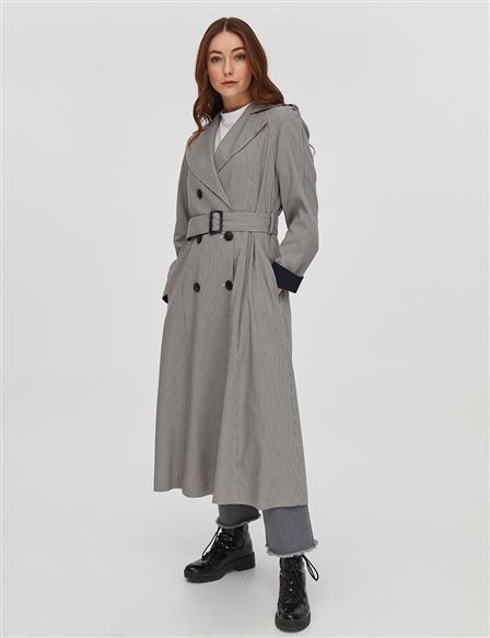Double Buttoned Long Trench Coat Navy-Beige