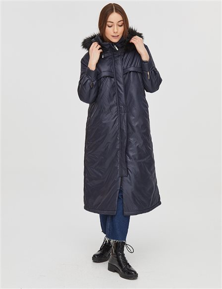 Fur Detailed Hooded Inflatable Trench Coat Navy